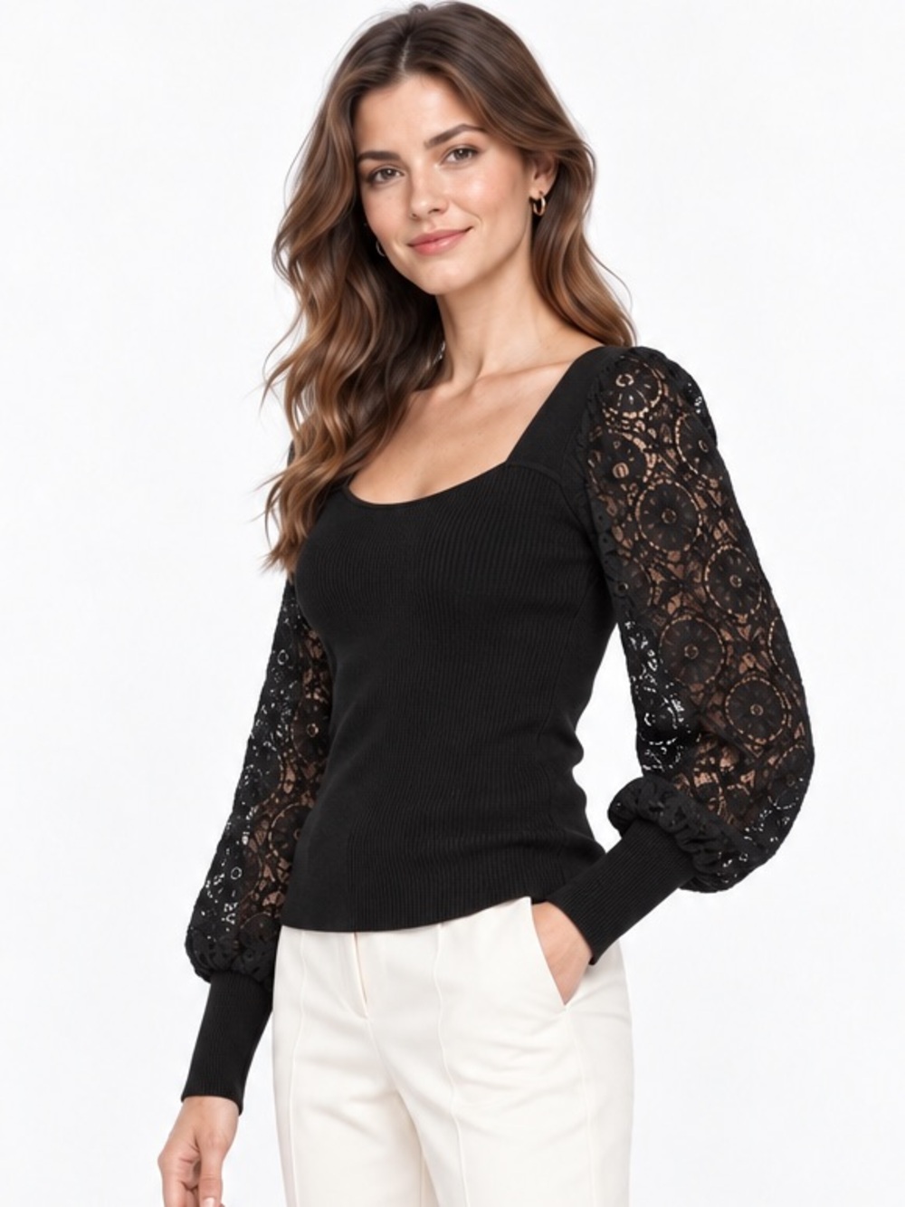 Elie Tahari Waverly Black Stretchy Ribbed Lace Puff Sleeve Sweater Size L Chic